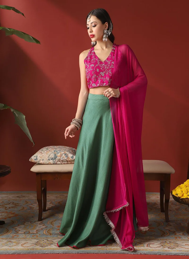 globus Globus Women Pink V-Neck Stylised Back Embroidered Blouse & Lehenga With Taping Dupatta Ready To Wear Festive Set